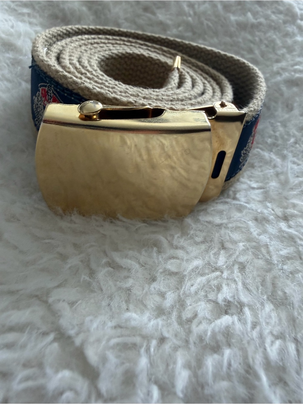 Vintage Nautical Web Belt Anchor Crest Solid Brass Made USA Beige Blue 47